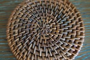 Texture background yellow and brown striped straw hat pattern. Bamboo braided sunscreen headdress for heat. Broad brim summer hat. Panama weaving photo