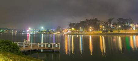 Sunset on the shores of Xuan Huong Lake with dramatic sky makes the scenery more romantic, attracting tourists to visit in Da lat, Vietnam. photo