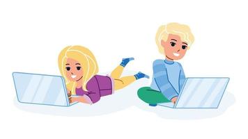 Boy And Girl Children Playing On Laptop Vector