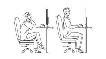 In Ergonomic Posture Sit Man At Computer Vector