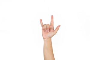 Asian Thai males raise up his hand and showing the Sign of love on the white background. photo