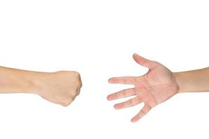 Rock Paper Scissors gambling hand game for all of ages and sex. This is Asian male hands post on white background. photo