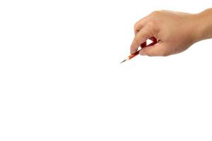 Isolated Asian man's right hand holds one colour pencil for drawing and painting somthing on white background. Clipping path. photo