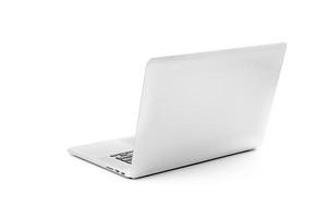 Laptop gray metalic sliver colour notebook in backside view open cover on the white background. Clipping Path. photo