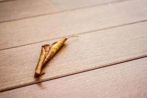 close up lonely and alone dried leaf on the wooden floor photo