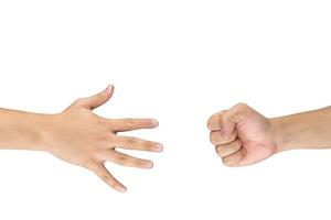 Rock Paper Scissors gambling hand game for all of ages and sex. This is Asian male hands post on white background. photo