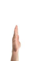 Asian man hand is raising his straight palm hand up for voting and agreement the openion. Clipping path photo