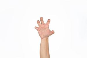 Asian male's hand opens palm and post like a animal claw in studio light isolated white background with clipping path. photo