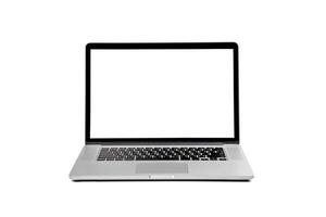 Laptop gray metalic sliver colour notebook in front side view open cover on the white background. laptop hardware and white screen Clipping Path. photo