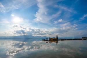 Kwan Phayao a lake in Phayao province, the North of Thailand. Shooting with the rule of thirds between river, cloud, and sky. photo