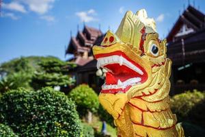 Asia gold red lion statue with temple background. photo