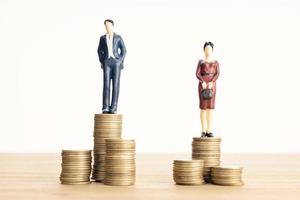 Wage difference between men and women concept. Man and woman standing on top of the pile of coins photo