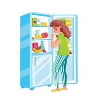 Hungry Woman Looking At Food In Fridge Vector