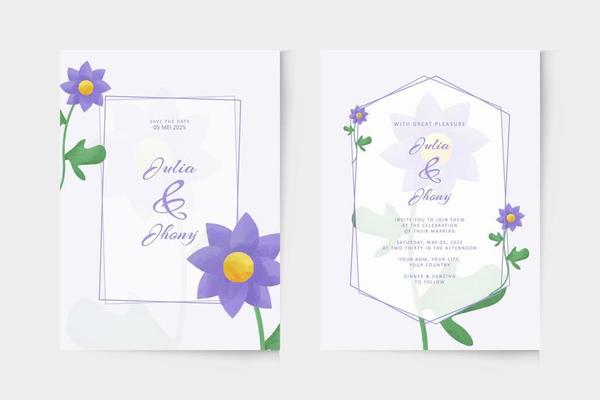 Simple wedding invitation template with purple flower watercolor ornament