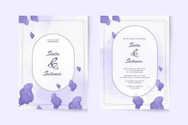 Simple wedding invitation template with purple leaf watercolor