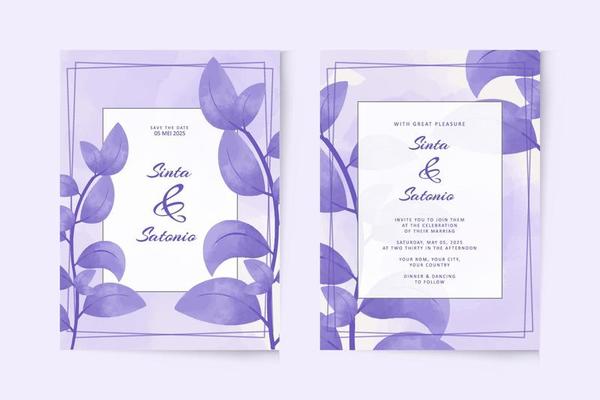 Simple wedding invitation template with watercolor purple plants