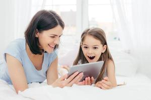 Beautiful mother and daughter watch something funny on tablet computer, connected to wireless internet, spend free time in bedroom, have surprised happy expression. People and leisure concept photo