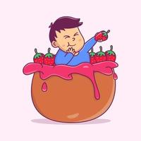 Cute Kid with strawberry cartoon, Cute Kid on a basket of strawberries vector