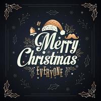 feliz navidad a todos invitación de tarjeta de felicitación con tipografía, copos de nieve, hojas de acebo, estrellas, sombrero de santa y otros elementos navideños. vector