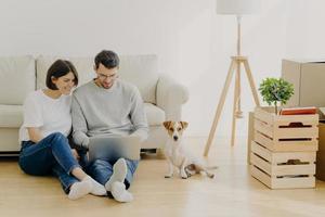 Young European family couple relax during home renovation, focused in laptop computer, plan redecoration, sit near couch with favourite pedigree dog, boxes with personal stuff and floor lamp photo