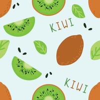 Cute pattern with cartoon kiwi and kiwi slices with leaves on white background vector