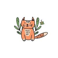 lindo gato rojo, flores y mariposas. estilo de dibujos animados de fideos. ilustración vectorial aislada para estampados de diseño infantil, afiches, camisetas, pegatinas vector