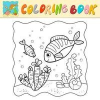 Coloring book or Coloring page for kids. Fish black and white vector. Marine background vector