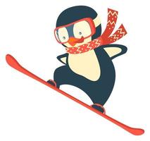 snowboarder pingüino en salto. pingüino deportista dibujos animados vector ilustración