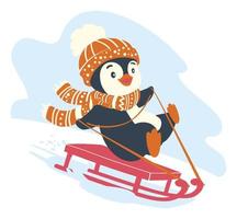 divertido trineo de pingüinos. paseo de pingüinos de navidad en una ilustración de trineo vector