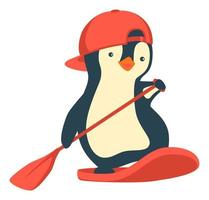 Penguin floating on SUP board. Paddle board. vector