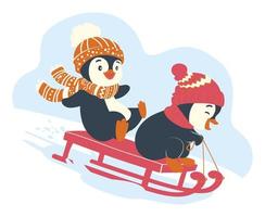 Funny penguins sledding. Christmas penguins ride on a sleigh vector