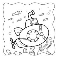 Submarine black and white. Coloring book or Coloring page for kids. Nature background vector