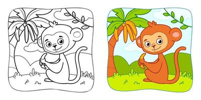 Coloring book or Coloring page for kids. Monkey vector clipart. Nature background.