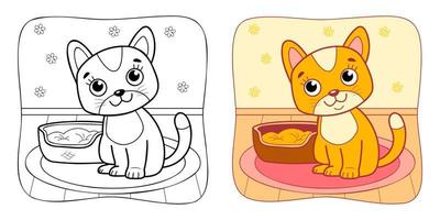 Coloring book or Coloring page for kids. Cat vector clipart. Nature background.