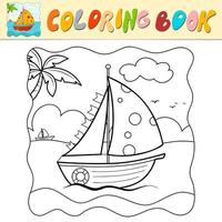 Coloring book or Coloring page for kids. Boat black and white vector. Nature background vector