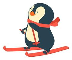 Penguin riding on skis on snow. Penguin cartoon vector illustration.