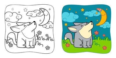 Coloring book or Coloring page for kids. Wolf vector clipart. Nature background.
