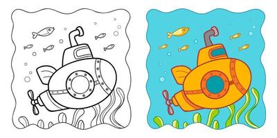 Coloring book or Coloring page for kids. Submarine vector clipart. Nature background.