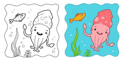 Marine background. Coloring book or Coloring page for kids. Squid vector clipart