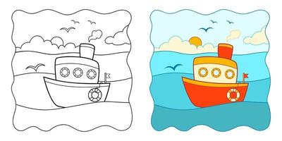 Coloring book or Coloring page for kids. Ship vector clipart. Nature background.