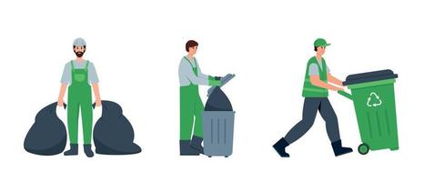 Dumpster characters in different poses. Garbage man collection, Waste recycling and transportation. Sanitary workers, janitors in uniform. Vector flat or cartoon illustration isolated on white.