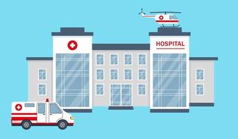 Hospital or clinic building, car and helicopter. Healthcare, medical or emergency service concept. Vector illustration in flat style isolated on blue background.