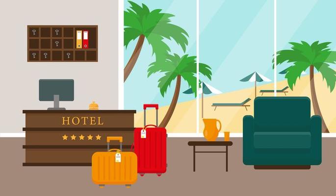 Beach hotel reception interior. Hotel near the sea and beach. Vector illustration.