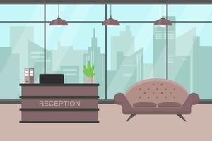 Reception interior with big window, city veiw, furniture and plant. Interior vector illustration.