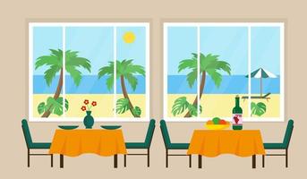 Restaurant interior with sunny beach view from the window. Vector illustration.