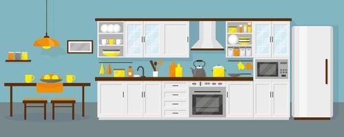 Kitchen interior with furniture, refrigerator, microwafe, table and dishes. Blue background. Vector illustration.
