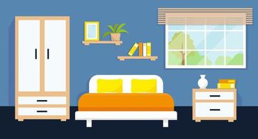 Cozy bedroom interior with furniture and window. Vector illustration.