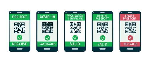 Mobile phones with QR-code App on the screens. Health Passport, PCR test, Covid-19 immune certificate or Digital vaccine green pass. Safe travelling concept flat vector illustration isolated on white.