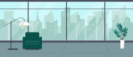 Modern empty living room or office with big panoramic window and city view. Interior concept vector illustration or background.