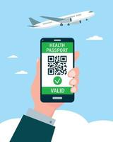 Hand holding Smartphone with Health Passport QR-code on the screen and airplane in sky. Concept of Safety traveling after the Covid-19 pandemic. Travel Vector illustration.